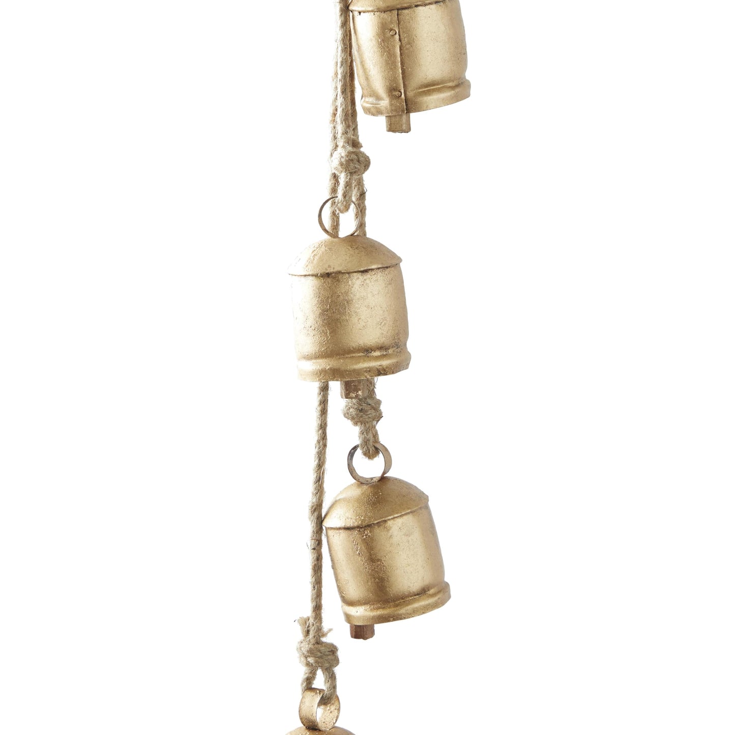 Deco 79 Metal Indoor Outdoor Decorative Cow Bells Tibetan Inspired Cascading Meditation Bell with 4 Bells on Jute Hanging Rope, Cow Bell 3" x 3" x 27", Gold