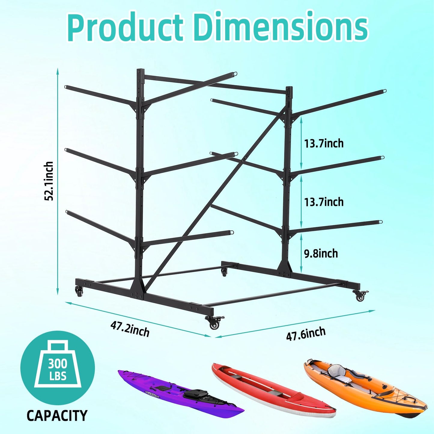 GCCSJ Kayak Storage Rack, 3-Leves Freestanding Kayak Stand with Wheels, Adjustable Canoes and Surfboards Bracket for Garage and Outdoor Kayak Racks