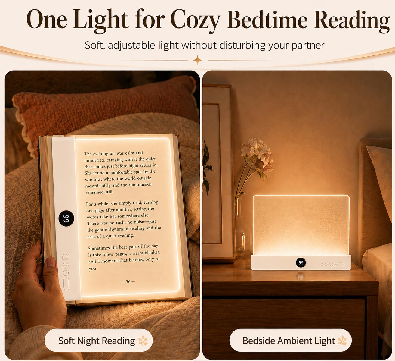 Faluricent Book Light for Reading in Bed at Night, Rechargeable Flat Book Light with 3 Color Modes & Timer, Dimmable Full Page Light, Clear LED Page Reading Light for Travel (White)