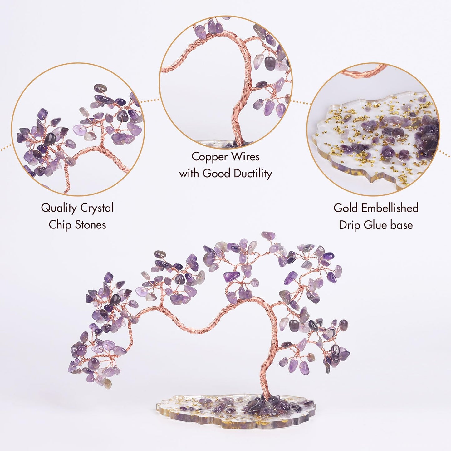 Pretty Jolly 7 Chakra Healing Stones Purple Crystals Tree of Life Positive Energy Gemstone Money Tree Spiritual Meditation Reiki Gifts with Acrylic Glue Base for Home,Office,Desk Feng Shui Décor