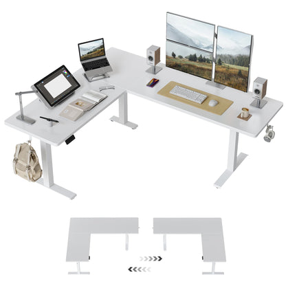 BANTI L-Shaped Standing Desk - 75 x 63 Inch Adjustable Corner Standing Desk with Charging Station - L Shape Sit Stand Table with Memory Controller, Splice Board for Home Office, White