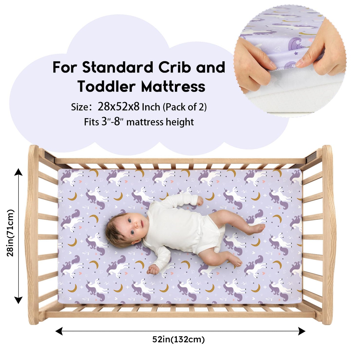 Yoofoss Baby Crib Sheets for Boys Girls, Fitted Crib Sheet 2 Pack for Standard Crib and Toddler Mattress, Super Soft Microfiber Baby Sheet 28x52x8in(Purple+Unicorn)