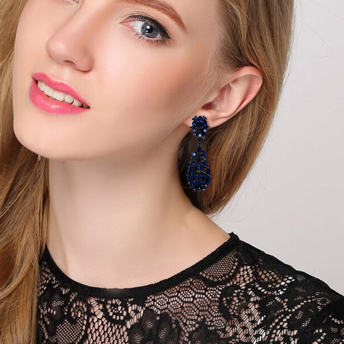 EVER FAITH Women's Jewelry Crystal Hollow-out Teardrop Vintage Inspired Dangle Clip-on Earrings Navy Blue Black-Tone