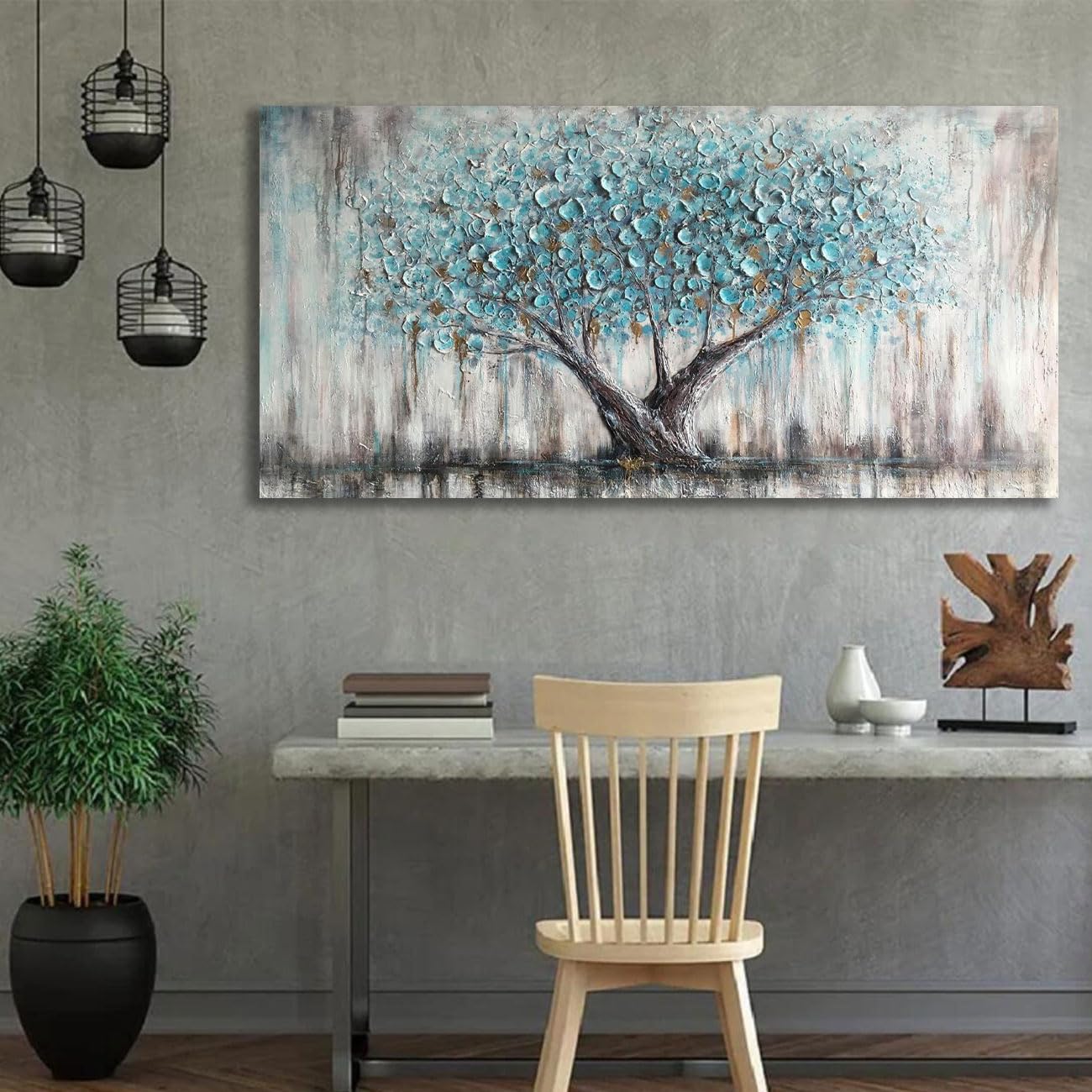 Arjun Tree Wall Art Teal Blue Nature Tree of Life Abstract Canvas Painting Textured Picture, Modern Large Panoramic Landscape Artwork Framed for Living Room Bedroom Bathroom Office Home Decor 40"x20"