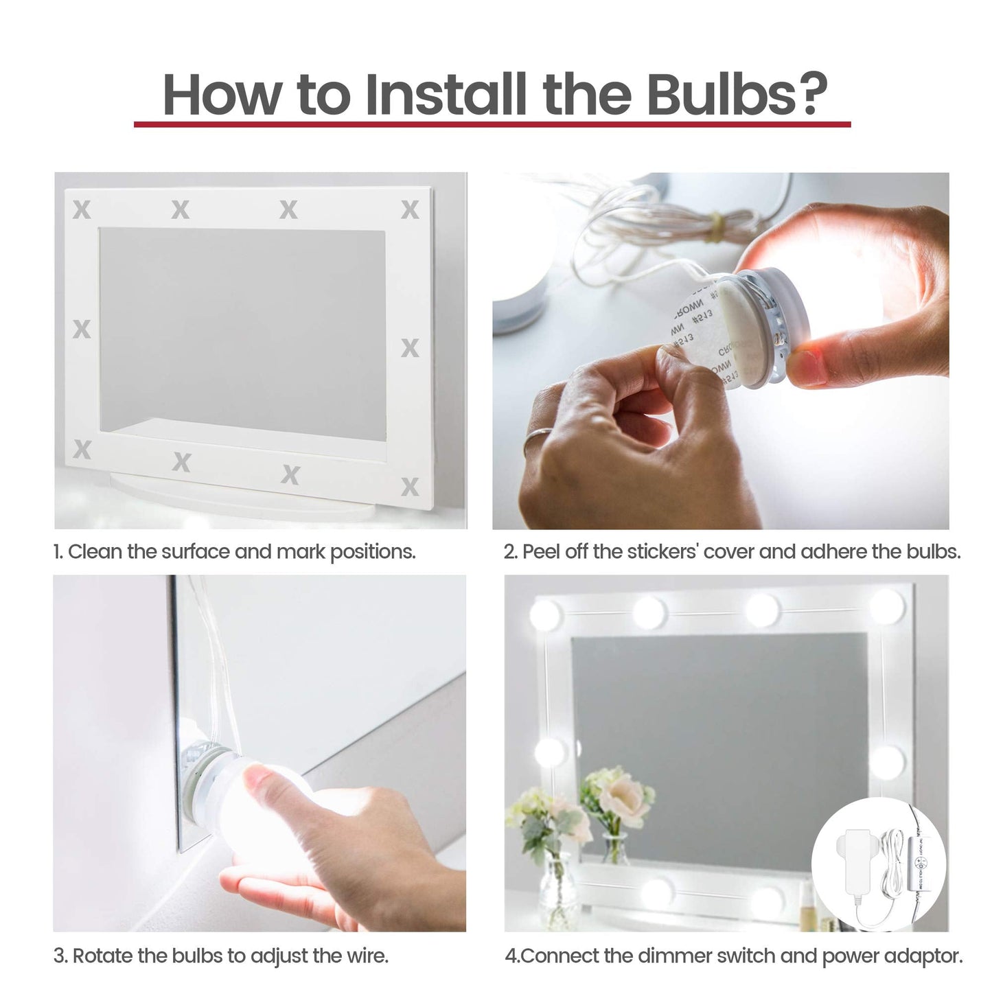 Vanity Lights for DIY Hollywood Mirror, Makeup Lights for Dressing Table, LED Strip Lights Kit with Touch Sensor Dimmer Switch and Power Adaptor, 10 Bulbs 4 Meters, Mirror Not Included
