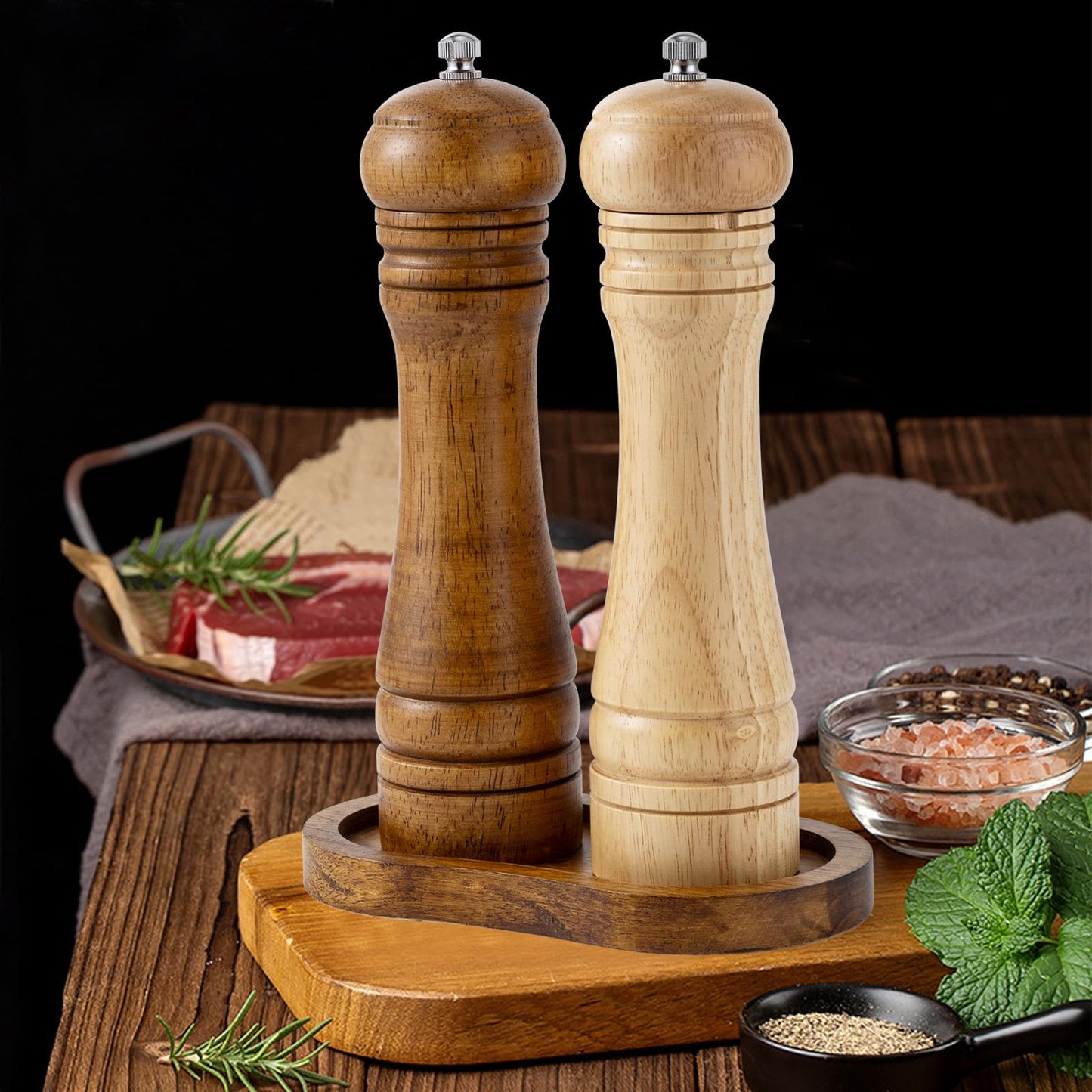 BINHAI Salt and Pepper Wood Mill Tray, Retro Colour Pepper Grinder Rest, Work Surface and Dining Table Protector (Pepper Mill not Included)