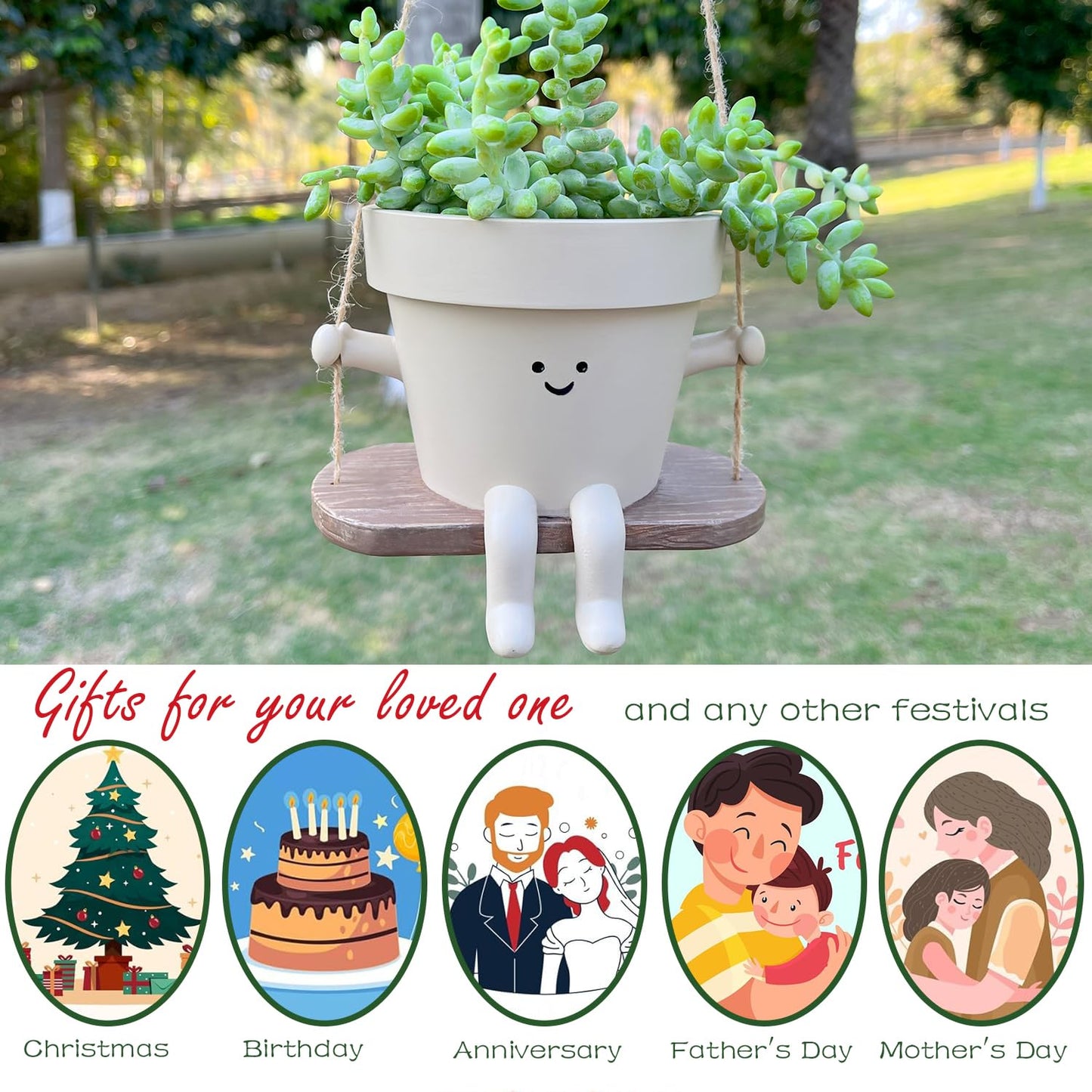 Hanging Planter Swing Face Plant Pot - Cute Resin Head Planters with Drainage Hole Indoor Outdoor Plant Holder, Succulent/String of Pearls Flower Pots, Unique Sitting Sway Pots, Gift Ideas for Mother