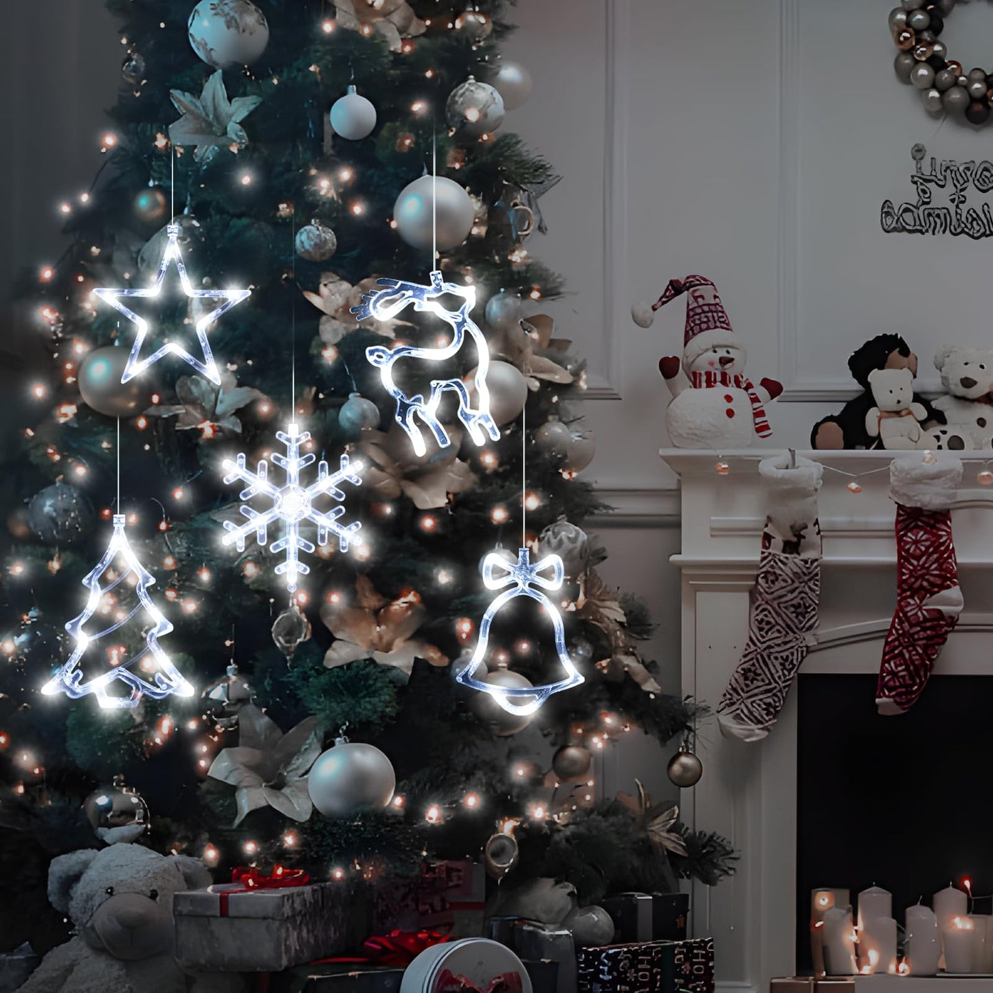 LYUBASA 5Pack Christmas Window Lights Decorations with Timer,Battery Powered Christmas Hanging White Lighted Snowflake Tree Star Deer Bells Shaped LED Sucker for Xmas Fireplace Window Indoor Decor