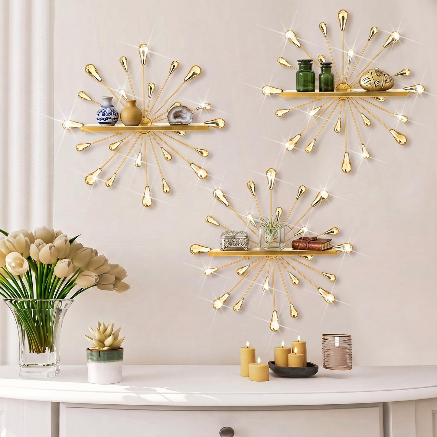Yaocom 3 Pcs Bling Crystal Floating Shelves Metal Starbursts Wall Decor Folding Shelf Gold Corner Shelves Hanging Wall Mounted for Storage Bedroom Bathroom Living Room Kitchen Office Home Decoration