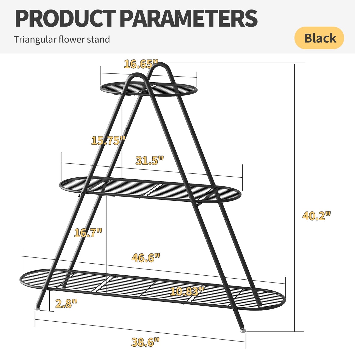 Furshus Plant Stand for Patio, 3-Tier Metal Plant Shelf–Indoor/Outdoor Display Rack for Multiple Pots, Heavy Duty Plants, Garden Flower Organizer (Black)
