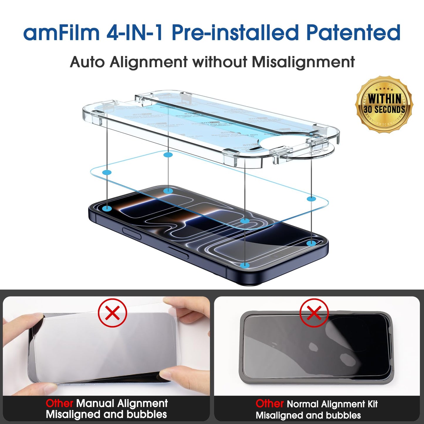 amFilm Easiest Installation OneTouch for iPhone 15 Pro Max Screen Protector [6.7 Inch] Tempered Glass + Camera Lens Protector, Auto-Alignment Tech, Bubble Free, Case Friendly, Anti-Scratch [2+2 Pack]