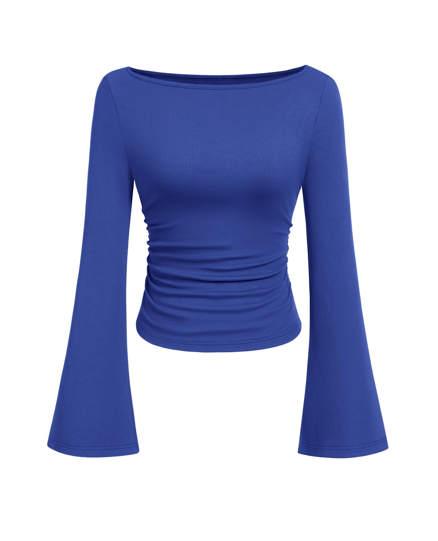 PRETTYGARDEN Women's Long Sleeve Shirts 2025 Fall Crop Going Out Tops Casual Boat Neck Bell Sleeve Ribbed Ruched Y2K Clothes