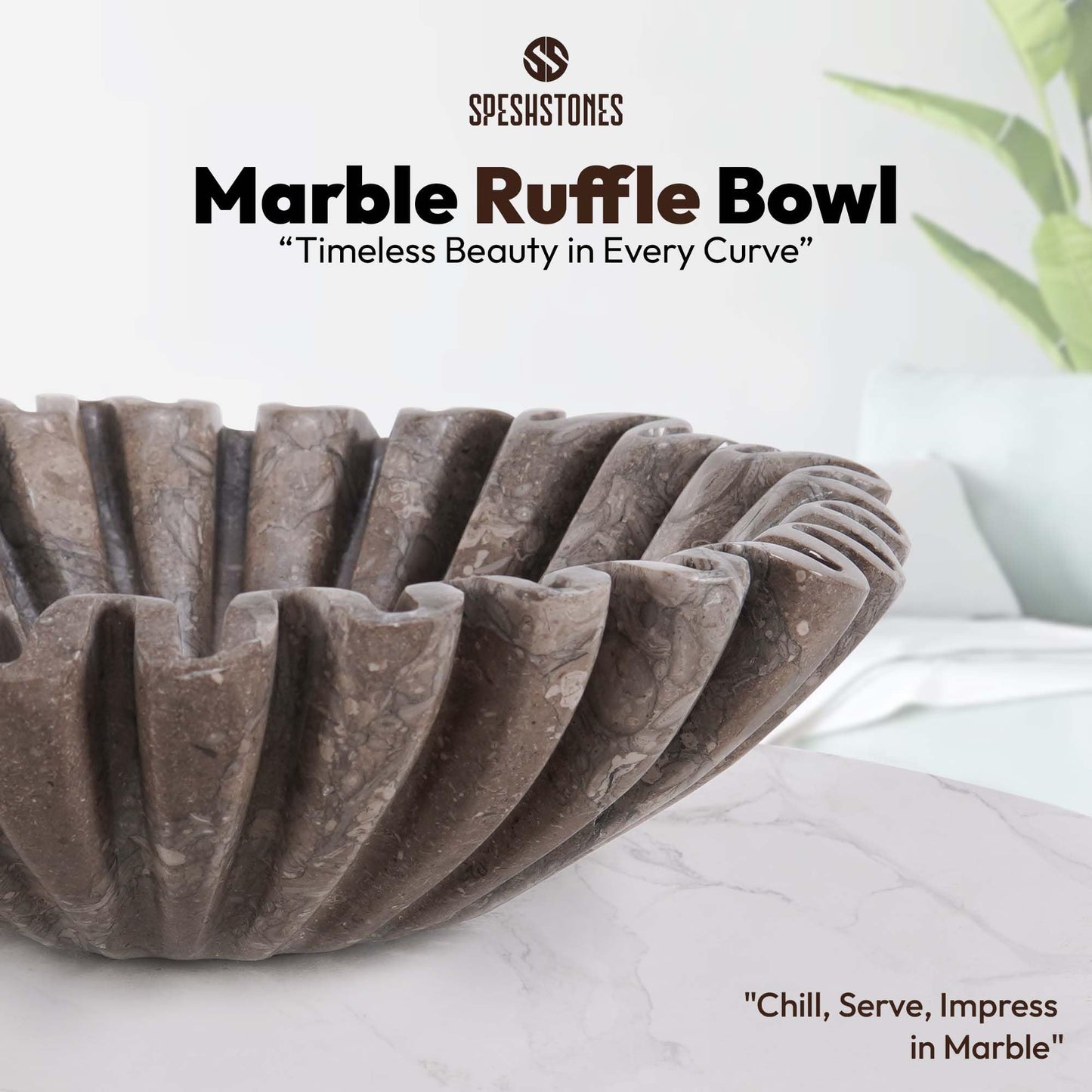 SPESHSTONES Marble Scalloped Bowl Handmade 10 Inch Ruffle Bowl, Large Decorative Bowls for Home Decor, Modern Fruit Bowl for Kitchen Counter, Stone Fluted Bowl for Housewarming Gifts