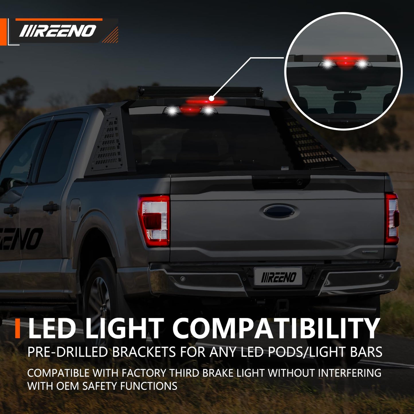 Roll Bar for Full-Size Pickup Trucks - Universal Truck Bed Rack & Chase Rack with Third Brake Light Combo, Heavy Duty Headache Rack, No Drilling