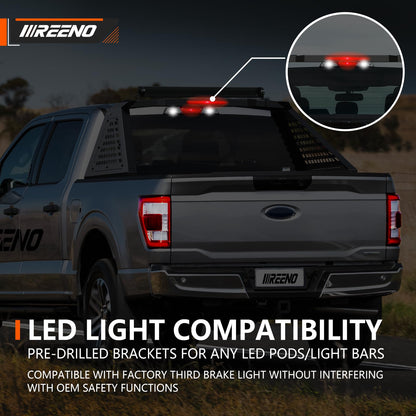 Roll Bar for Full-Size Pickup Trucks - Universal Truck Bed Rack & Chase Rack with Third Brake Light Combo, Heavy Duty Headache Rack, No Drilling