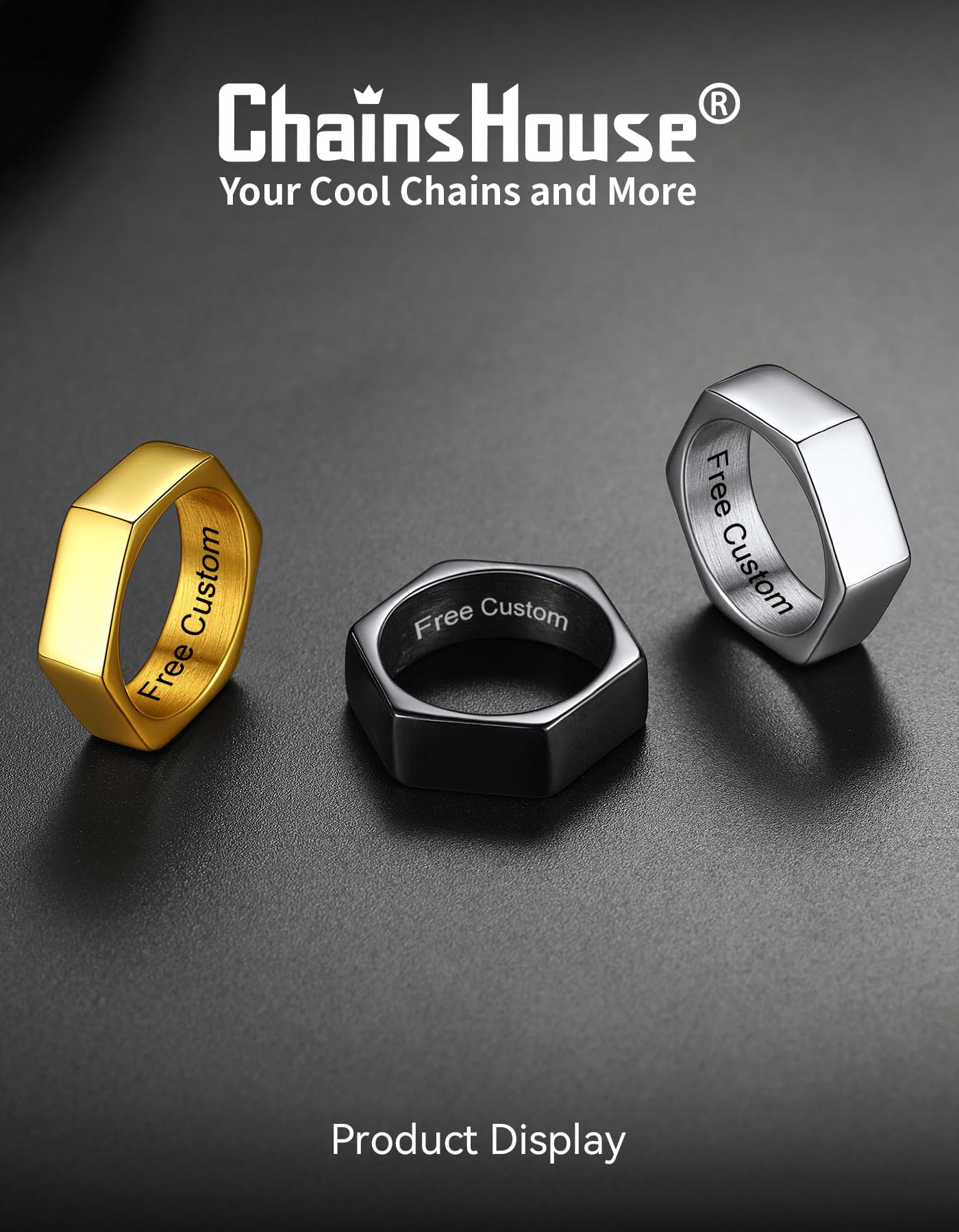 ChainsHouse Personalized Engravable Stainless Steel Black Hexagon Geometric Biker Ring Bands, Size 14