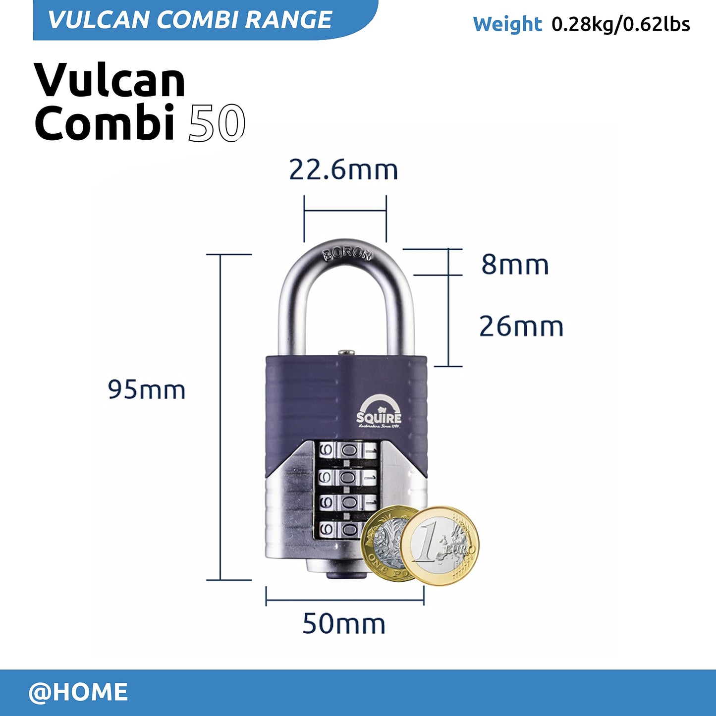 Squire Heavy Duty Padlock (Vulcan Combi 50) - Toughest Open Shackle - 4 Wheel Vulcan Padlock - Steel Cast Alloy for Corrosion Resistance - Weatherproof Lock for Home, School & Shed (Blue, 2")