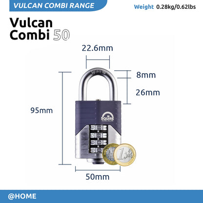 Squire Heavy Duty Padlock (Vulcan Combi 50) - Toughest Open Shackle - 4 Wheel Vulcan Padlock - Steel Cast Alloy for Corrosion Resistance - Weatherproof Lock for Home, School & Shed (Blue, 2")