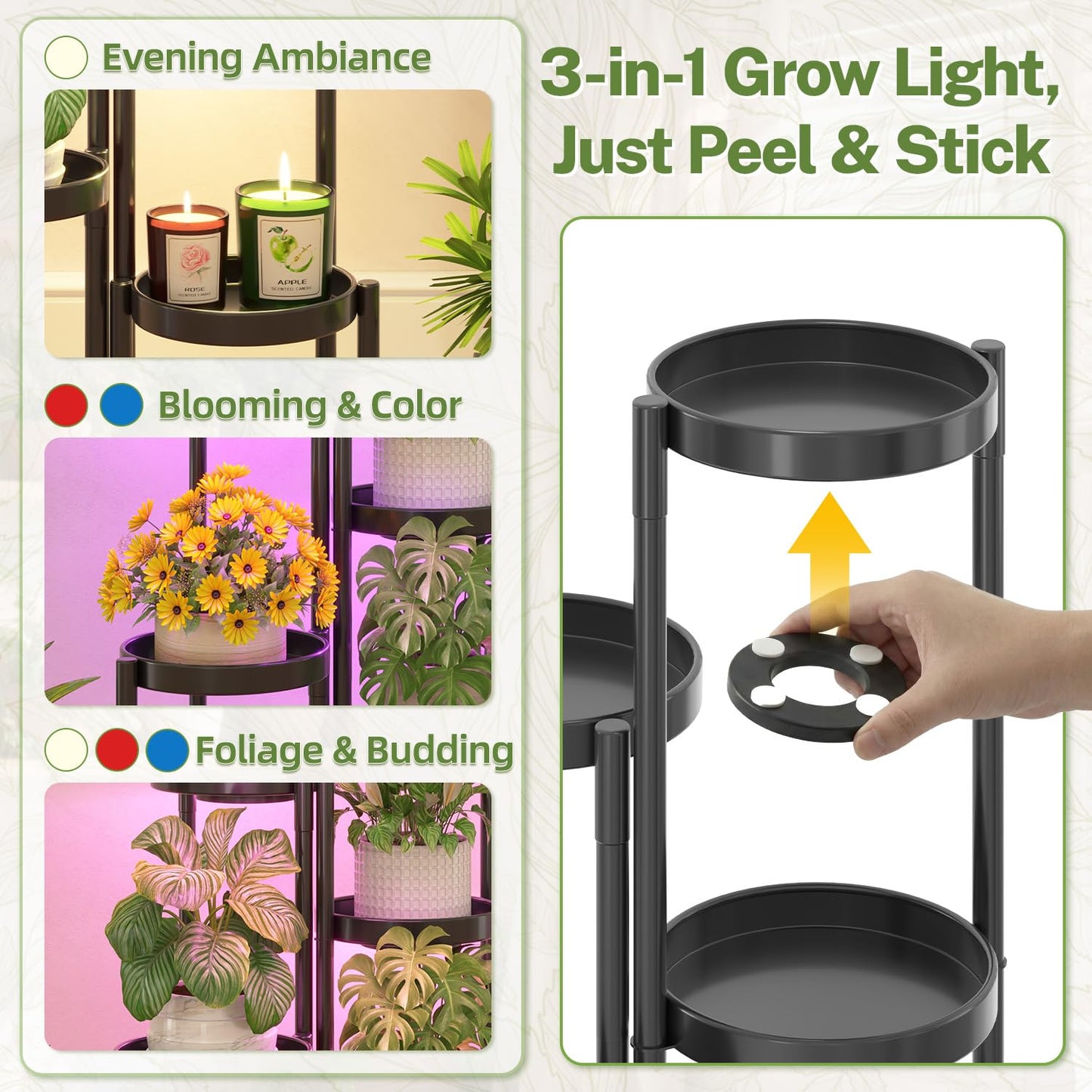 iDavosic.ly Plant Stand Indoor with Grow Light, 5 Tier Corner Metal Flower Display Holder Shelf, Easy Assembly Folding Tall Orchid Rack for Patio Balcony Porch Garden Living Room House, Black