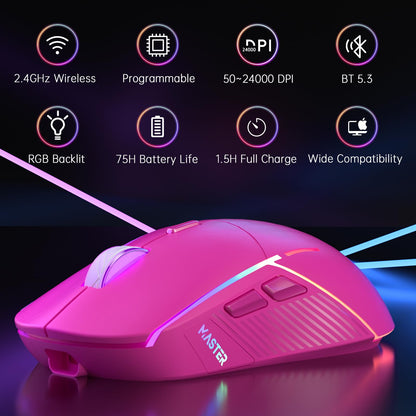 FFJ Wireless Gaming Mouse, 24000 DPI, Tri-Mode 2.4G/USB-C/Bluetooth 5.3 Gaming Mouse Wireless, RGB Programmable Mouse Gamer, 75Hrs Battery Life, Rechargeable Gaming Mice for PC, Mac, PS5, Xbox - Black