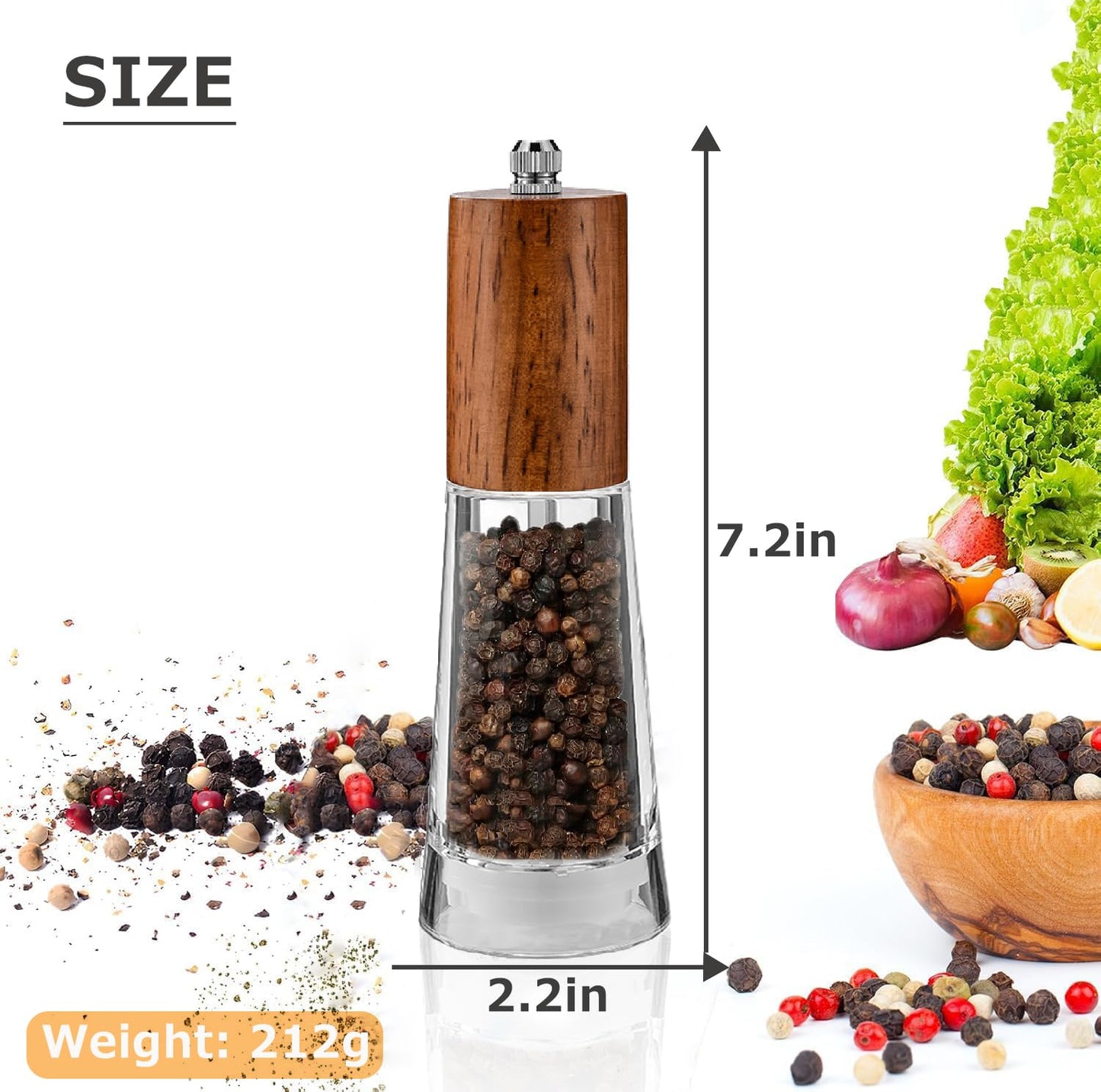 Salt and Pepper Grinder Set, Acrylic Pepper Mill with Adjustable Coarseness Wooden Pepper Grinder, Manual Salt Shake Refillable for Kitchen, Pack of 2 (Dark Wood)