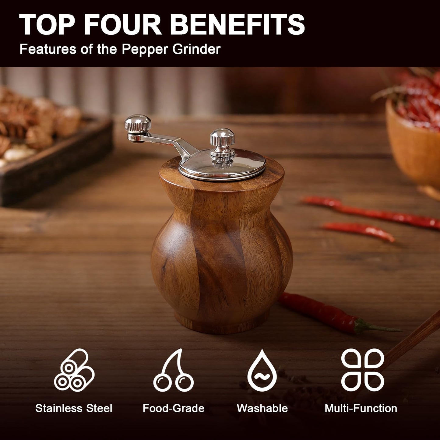 Pepper Grinder with Crank Handle, Adjustable Refillable Spice Mill