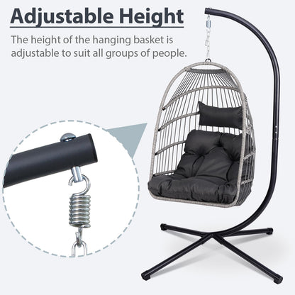 KEIKI Egg Chair - Foldable Rattan Hanging Chair with Stand & Cushion, 350LBS Capacity, Indoor Outdoor Basket Chair for Patio, Garden, Bedroom, Balcony - Black and Gray Wicker Hammock Swing Chair