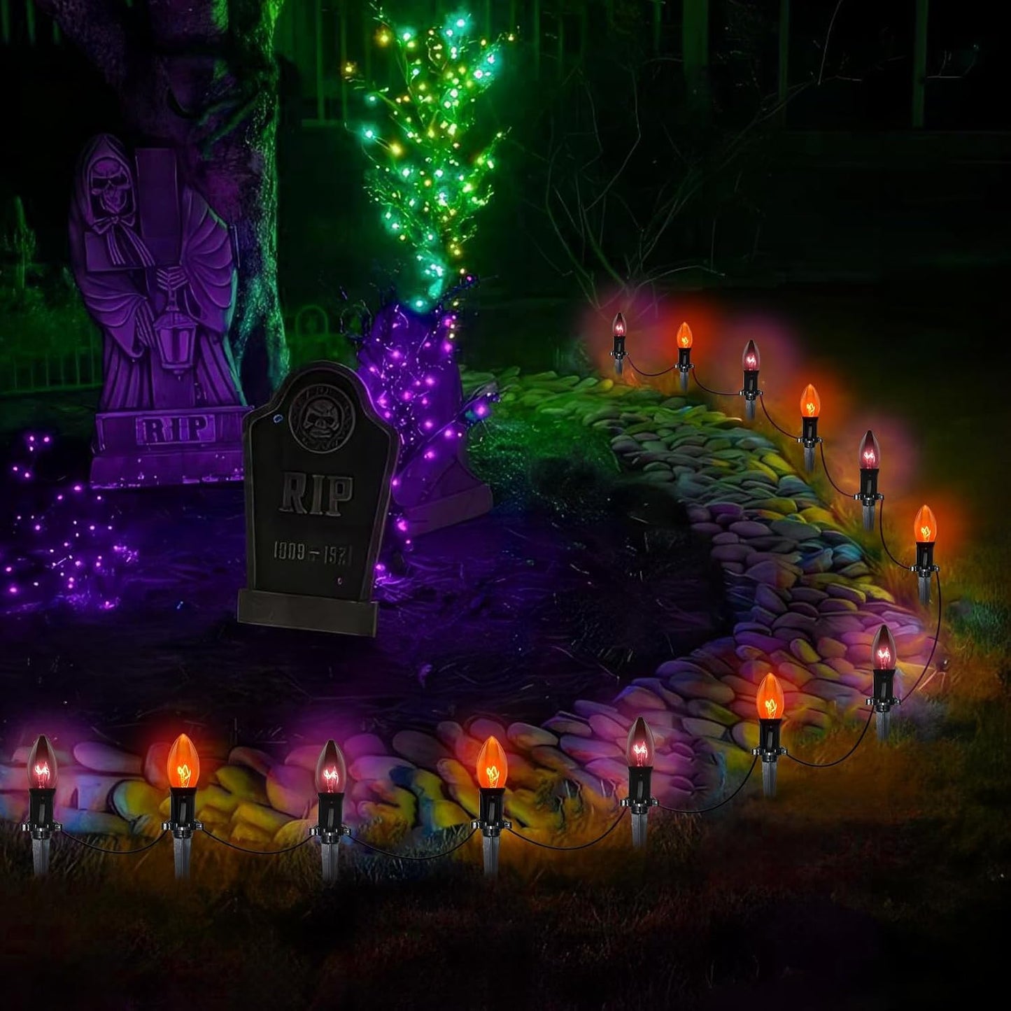 GOOTHY C9 Halloween Pathway Lights Outdoor, 19.5Ft Halloween Decorations Pathway String Lights with 10 C9 Orange and Black Stakes Lights for Walkway Yard Lawn Garden Sidewalk