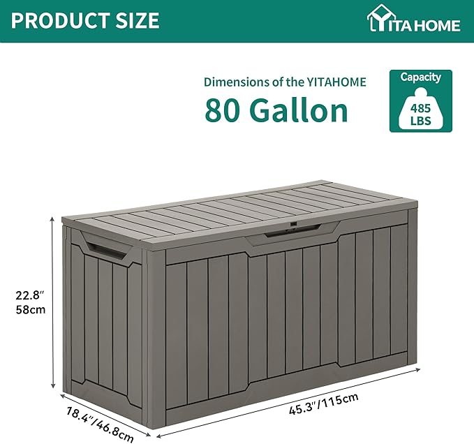 YITAHOME 80 Gallon Outdoor Storage Box, Large Waterproof Resin Deck Box, Indoor Outdoor Lockable Storage Container for Patio, Garden, Cushions, Tools, Equipment (Taupe)