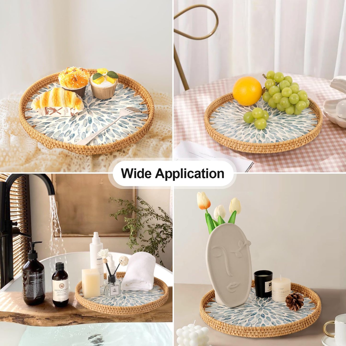 Tynulox Round Rattan Tray with Mother of Pearl Inlay, Rattan Serving Tray for Coffee, Bread, Fruits, Decorative Wicker Tray for Table Decor, Home Decor, Kitchen Island Decor (Light Blue Leaf, 11.8")