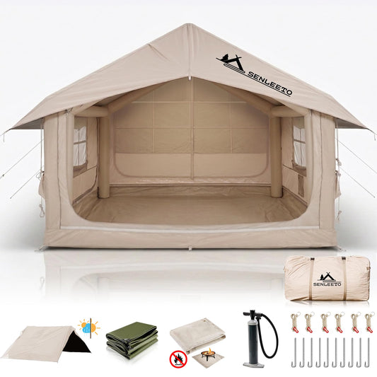 10' x 8' Inflatable Camping Tent for 6-8 People, 4 Season Blow up Tent with Rainfly, Easy Setup Air Pump, Waterproof pad, Luxury Inflatable Hot Tent with Stove Jack for Camping