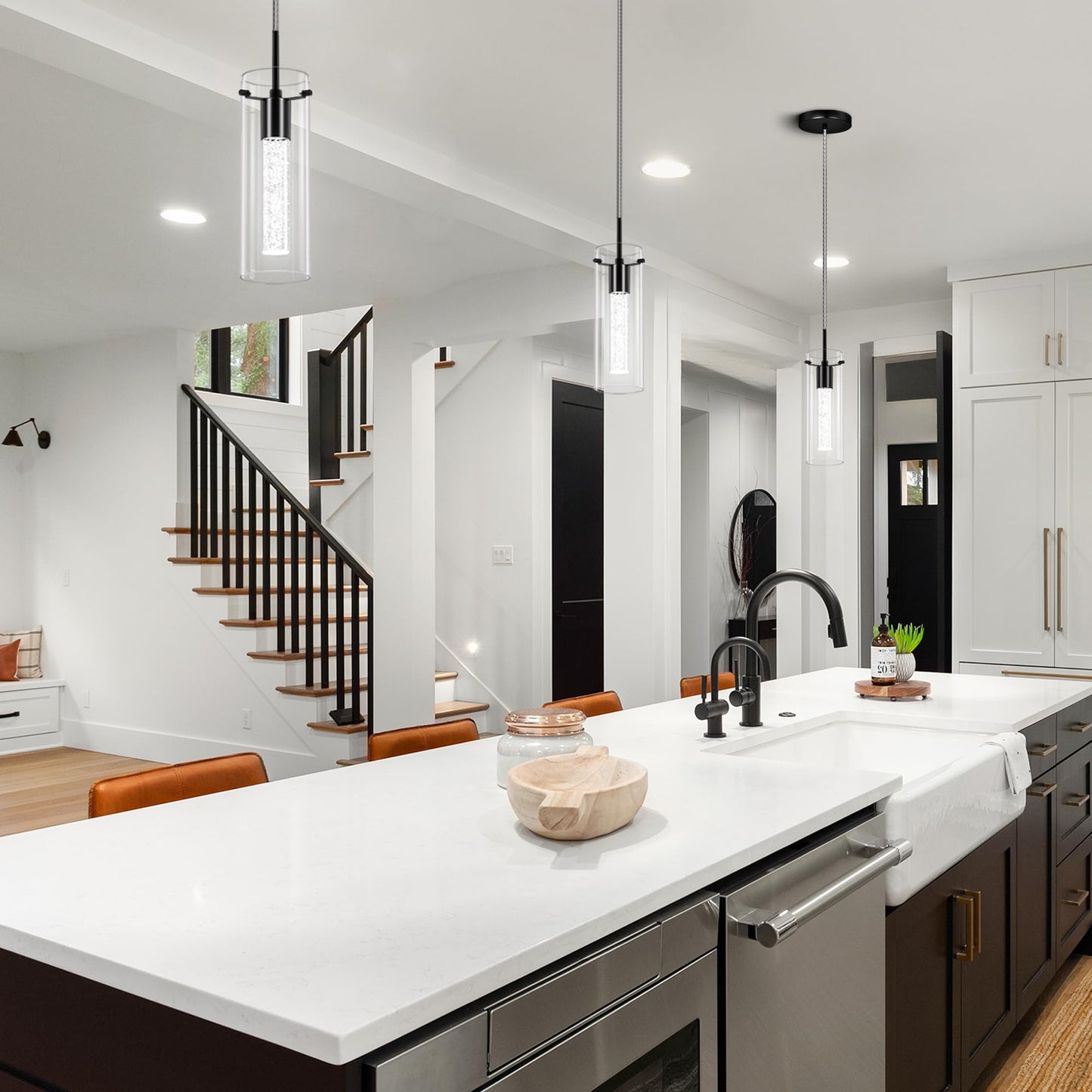 Esfos Pendant Ceiling Light Fixture, 6500K LED Kitchen Lighting Crystal Pendant Lights Kitchen Island Brushed Black, Glass Kitchen Hanging Light Fixture Modern Island Light with Crystal Bubble 3 Pack