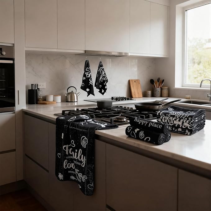 Breling Set of 6 Kitchen Towels Modern Minimalist Dish Towel Black Bathroom