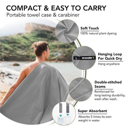 4Monster Quick Dry Travel Towel with Case & Carabiner – Super Absorbent Microfiber Gym & Camping Towel. Compact, Lightweight, Fast Drying for Beach, Swimming, Hiking, Backpacking