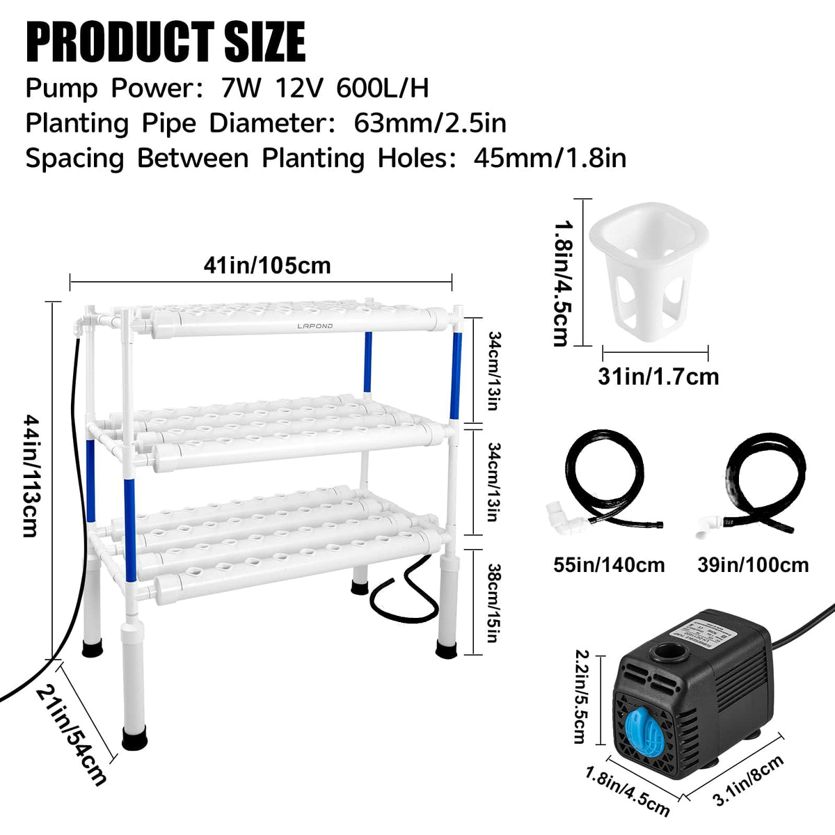 LAPOND Upgraded Hydroponics Growing System Kit 1058 Plant Sites with 7W 12V Submersible Pump and Timer