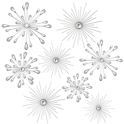 Blulu 8 Pcs Silver Metal Wall Art Cast Iron Starburst Wall Decor Bling Crystal Sculptures Living Room 3D Teardrop Radial Rhinestone Hanging Diamond Accents for Home Office Bedroom Entryway