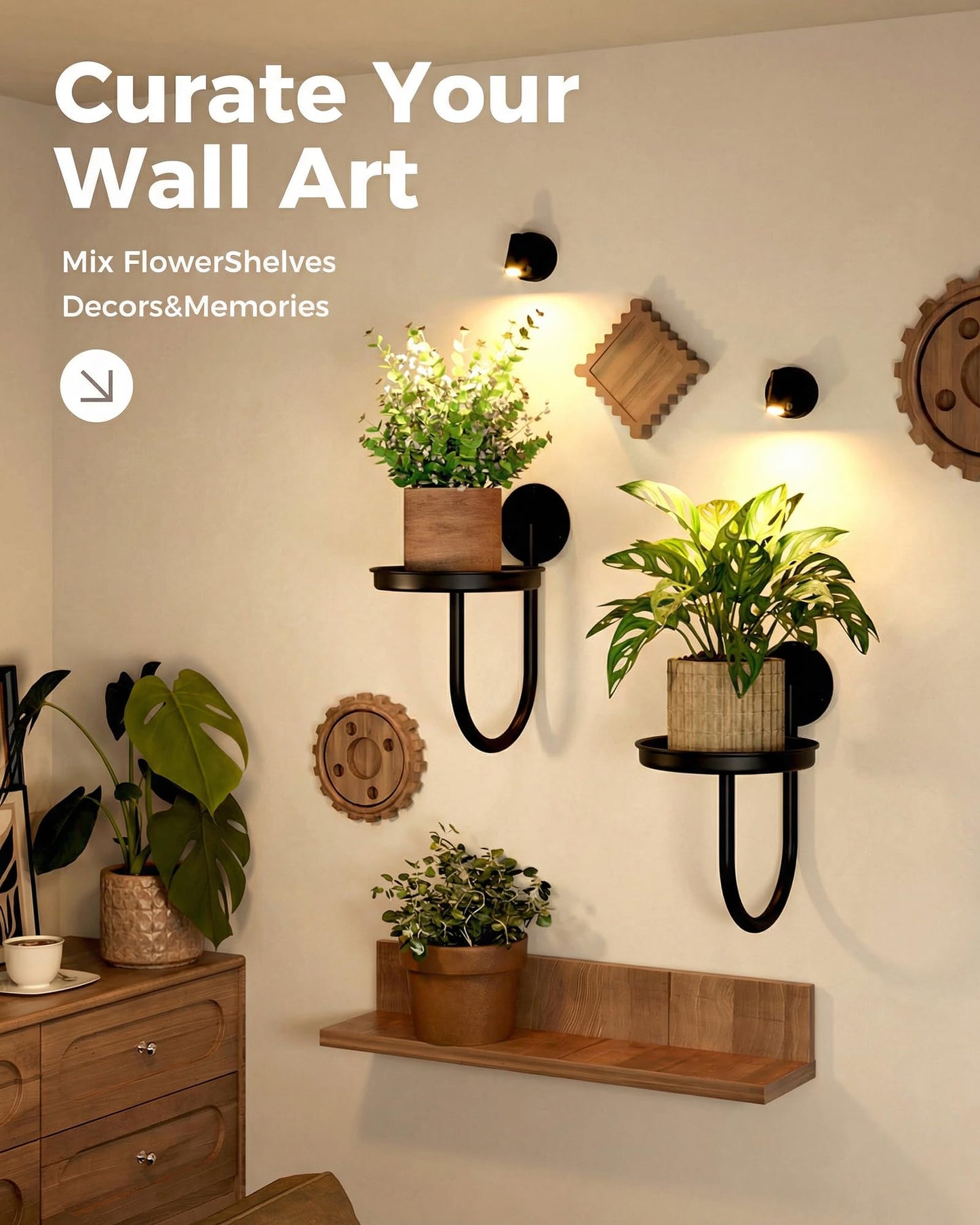 Leaf&lull Wall Plant Holder Plant Stand with Lights Wall Planters for Indoor Plants with Planter Plant Hanger Hanging Plant Holder Wall Hanging Decor 2 Pack Black