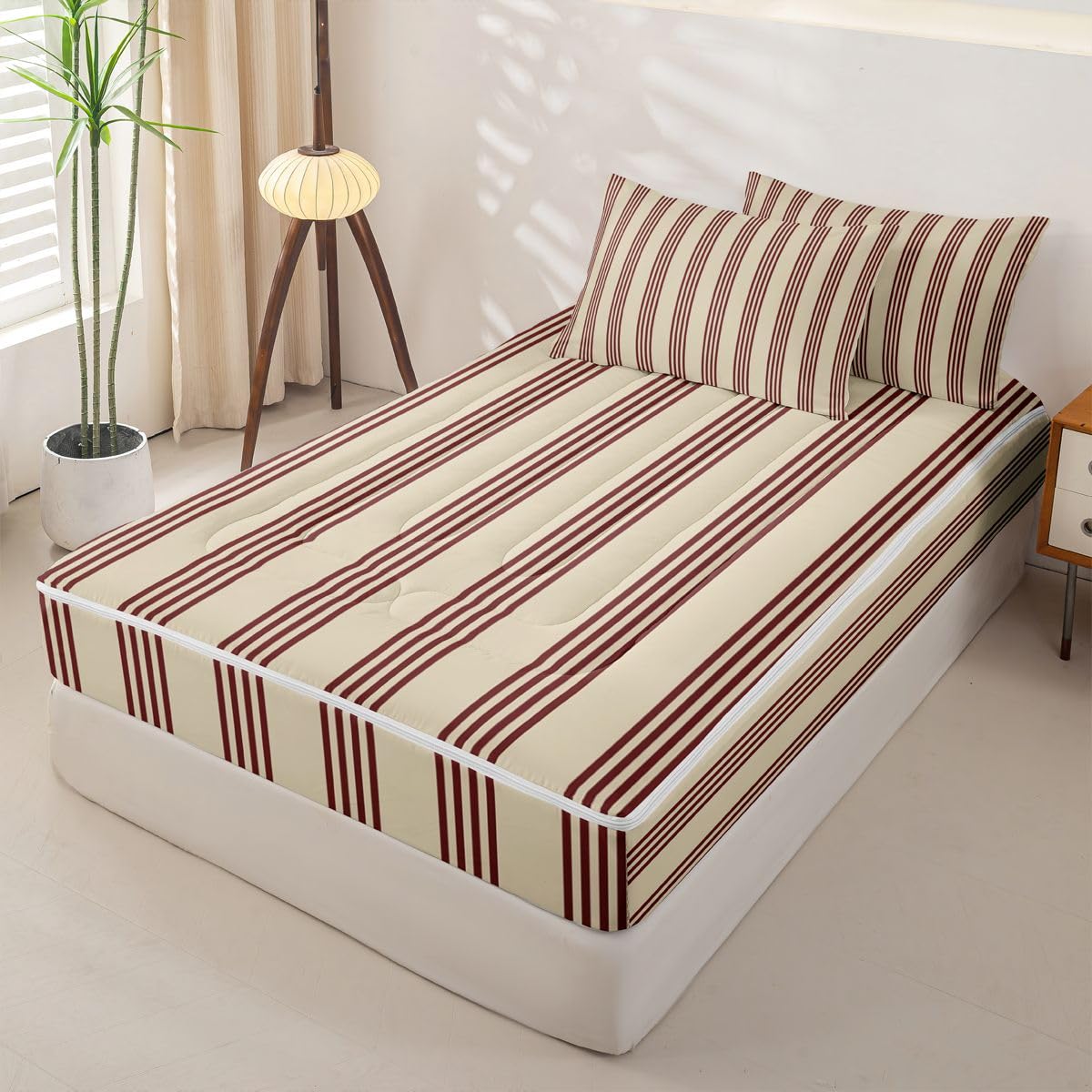 Feelyou Stripes Comforter Set Geometric Zipper Bedding Queen Luxury Boys Girls Comforter Set with Fitted Sheet and Pillowcases Bed Sheet Sets with Fitted Pillowcases for Bedroom Bed Decor