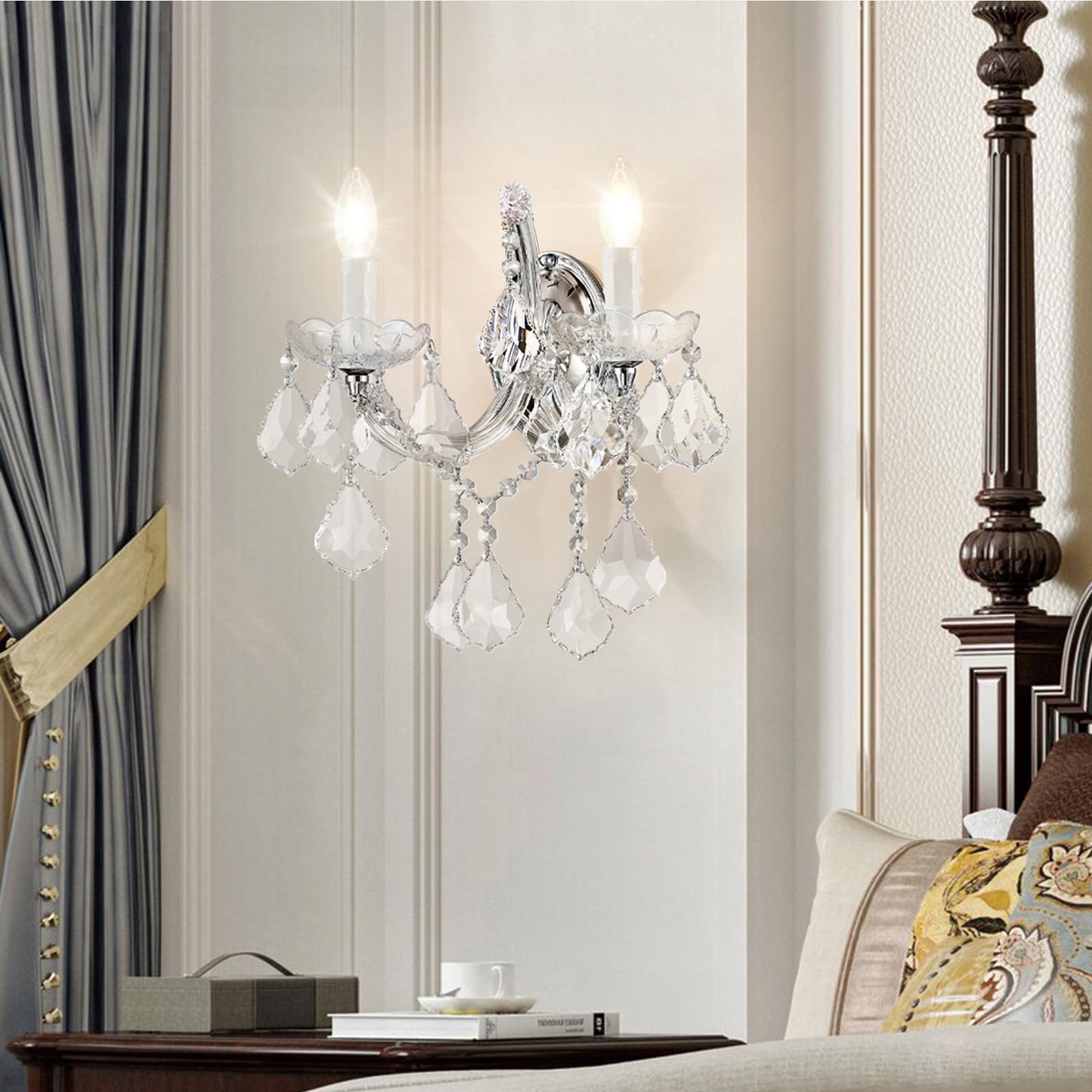 Crystal Wall Sconce Lighting, 2-Light Modern Crystal Wall Light Fixture Bathroom Maria Theresa Wall Lamp Light Fixtures Chrome Wall Sconce Light Wall Mounted Lamp for Living Room,Bedroom,Indoor