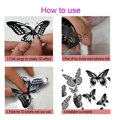 JOSDIOX 3D Black Butterfly Wall Stickers - 48 Pcs with 4 Styles & 3 Sizes, Removable Decor for Party Birthday Wedding Cake Balloon Decoration（48 Black