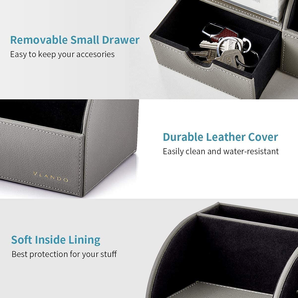 VLANDO Office Desk Organizer Leather Desktop Organizer Caddy with Drawer for Storing Desktop Supplies and Accessories (Grey Set)