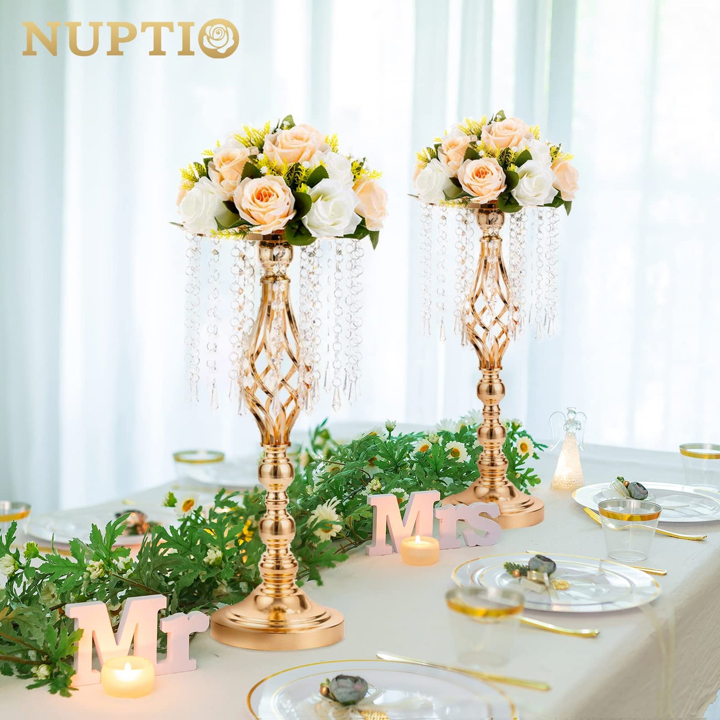 2 Pcs 19.3 inches Gold Centerpieces Table Tall Crystal Flowers Stand Wedding Road Lead Flower Holders Crystal Chandelier Metal for Reception Tables Supplies