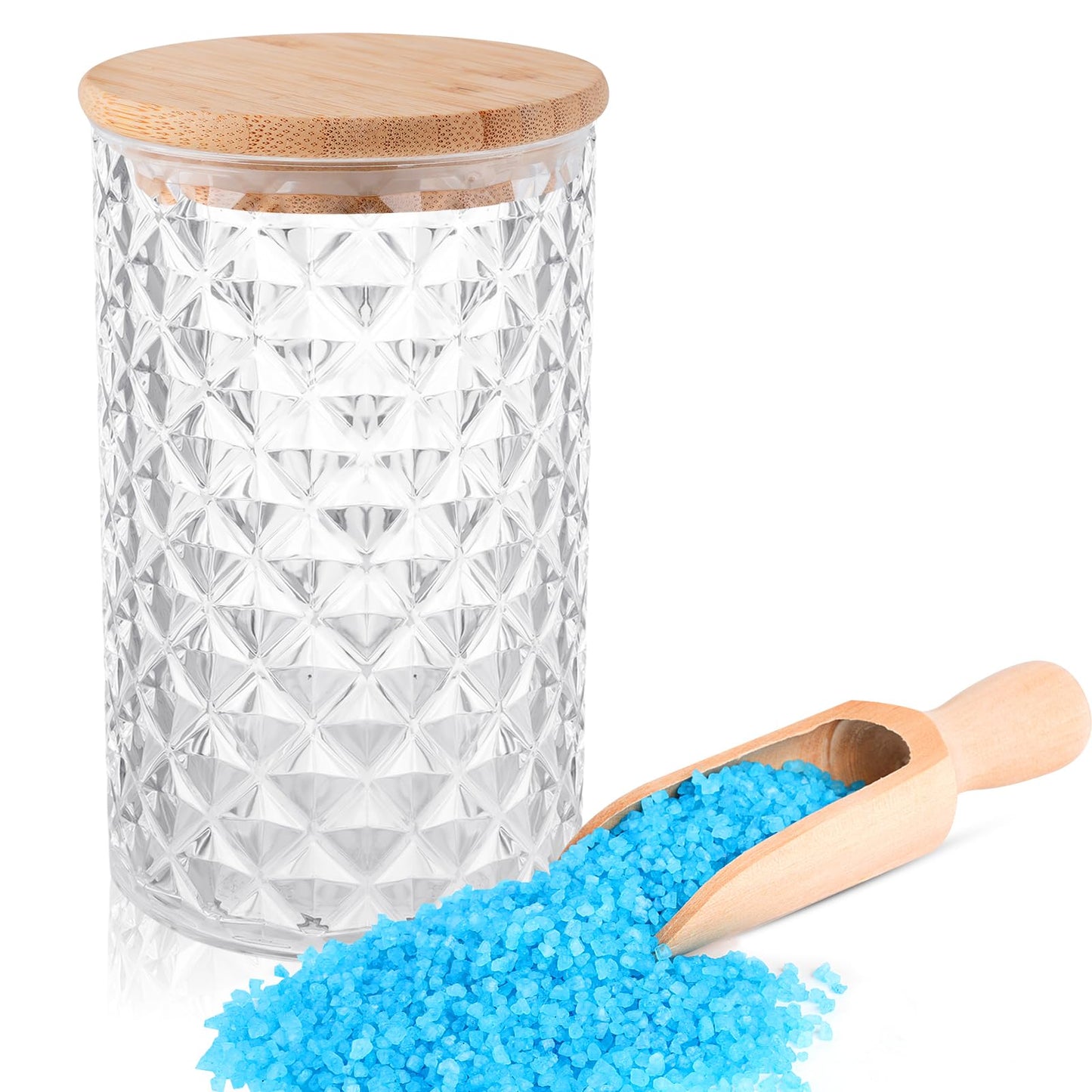 Supkiir 1100ML/37OZ Acrylic Bath Salt Jar, Bath Salt Container with Wooden Lids and Scoop, Airtight Diamond Candy Jar for Bathroom Kitchen Storage Salt Candy Tea Decor