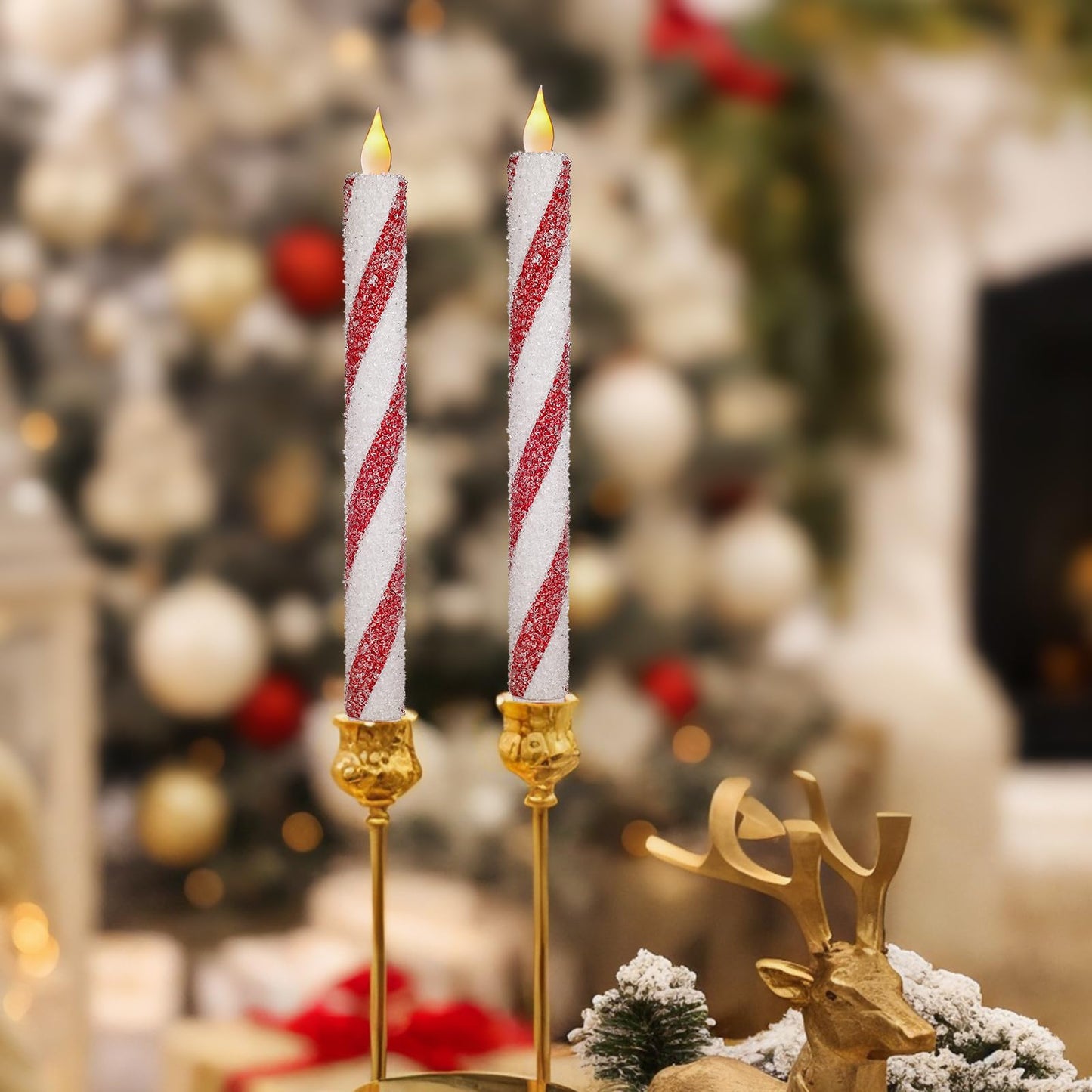 Christmas Flickering Flameless Taper Candles - 6PCS Glitter Candy Cane Red and White Stripes Sea Salt Real Wax Battery Operated Candles For Christmas Party Wedding Winter Home Decoration Xmas Decor