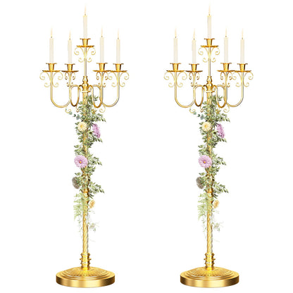 Floor Candelabra 50 Inch Gold Candlestick Holder 5 Arms Candle Holders Antique Flower Stand Centerpiece Decorative Candle Holder for Events, Party, Ceremony, Wedding Aisle, Home 2 Pcs (Beaded Styling)