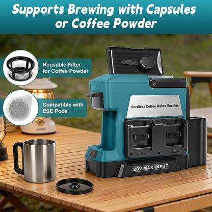 LEZZYRUCK Cordless Coffee Maker for Makita 18V Battery (No Battery), Portable Drip Coffee Machine with Electric Coffee Grinder and Coffee Cup, for RV, Camping, Travel