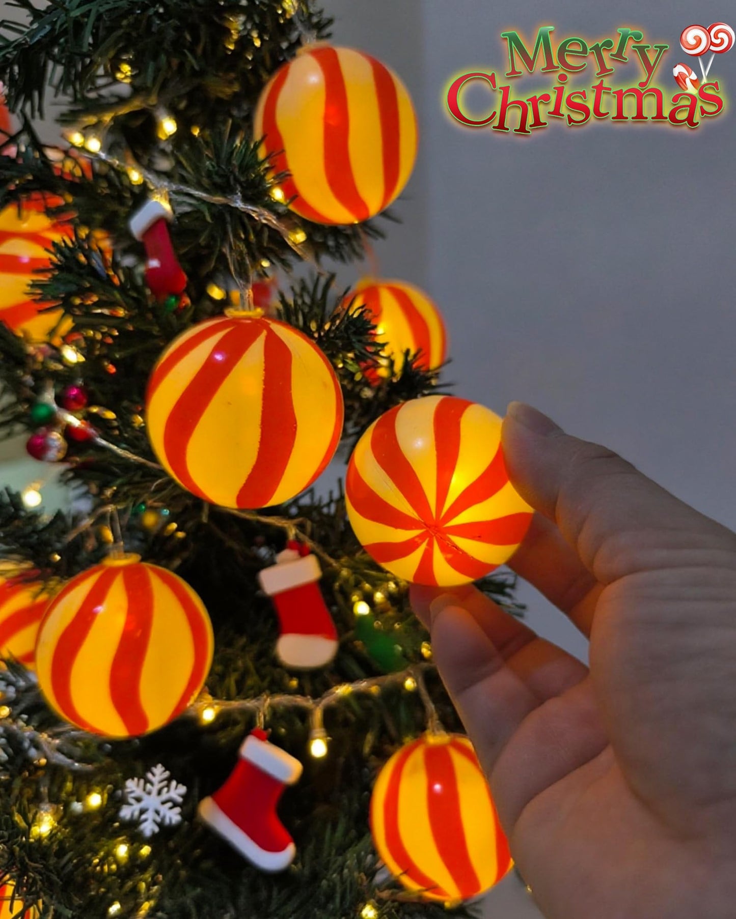 Myhimx Christmas Lights Battery Operated 10Ft Red and White Christmas Ball Ornament Light 20 LED Candy Globe String Lights with 8 Modes & Timer for Outside Indoor Bedroom Patio Office Home Xmas Tree