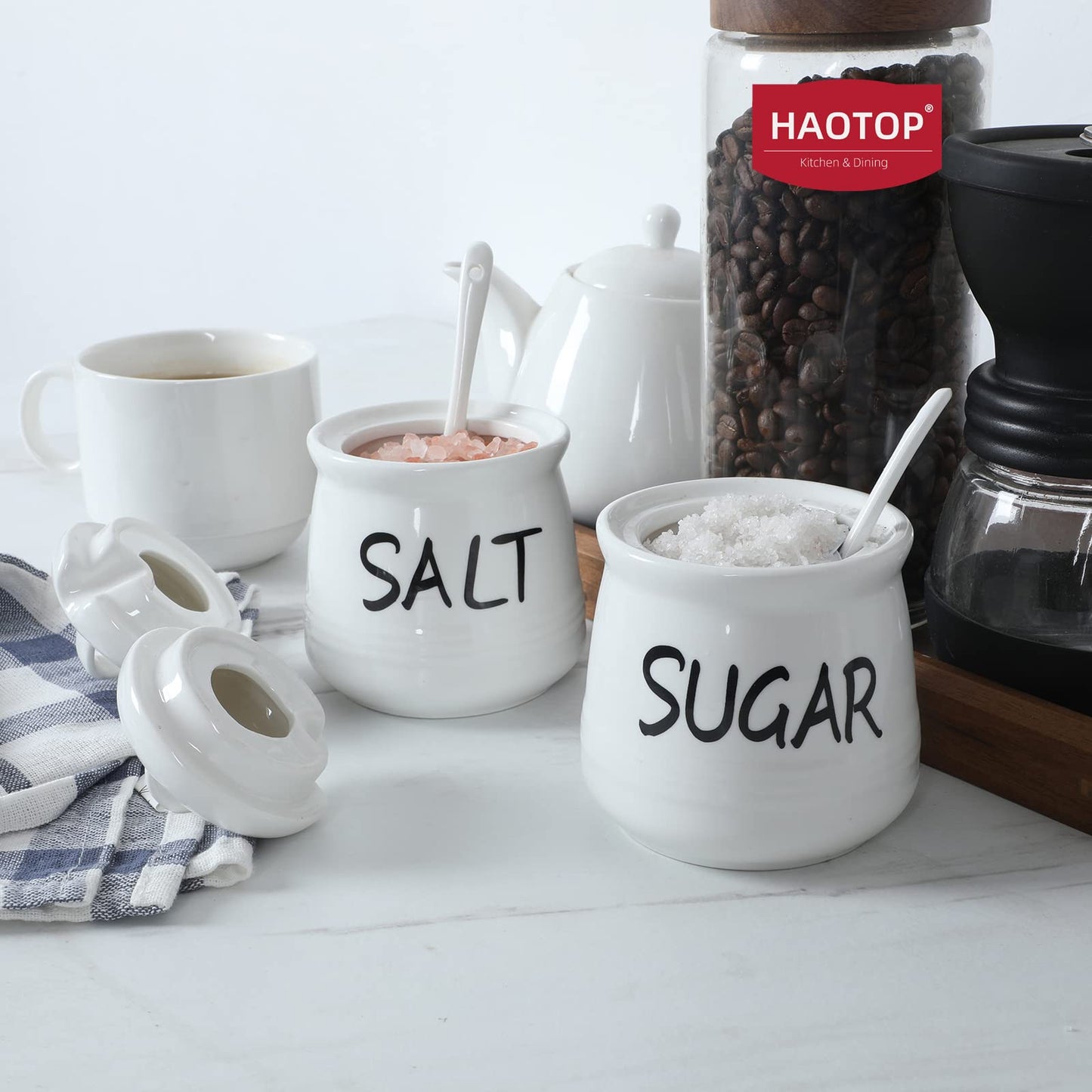 Salt and Sugar Bowls with Lid and Spoon -12 oz Ceramic Salt and Sugar Cellar Set, Salt and Sugar Containers, Spice Box for Counter, Farmhouse Kitchen Decor, White