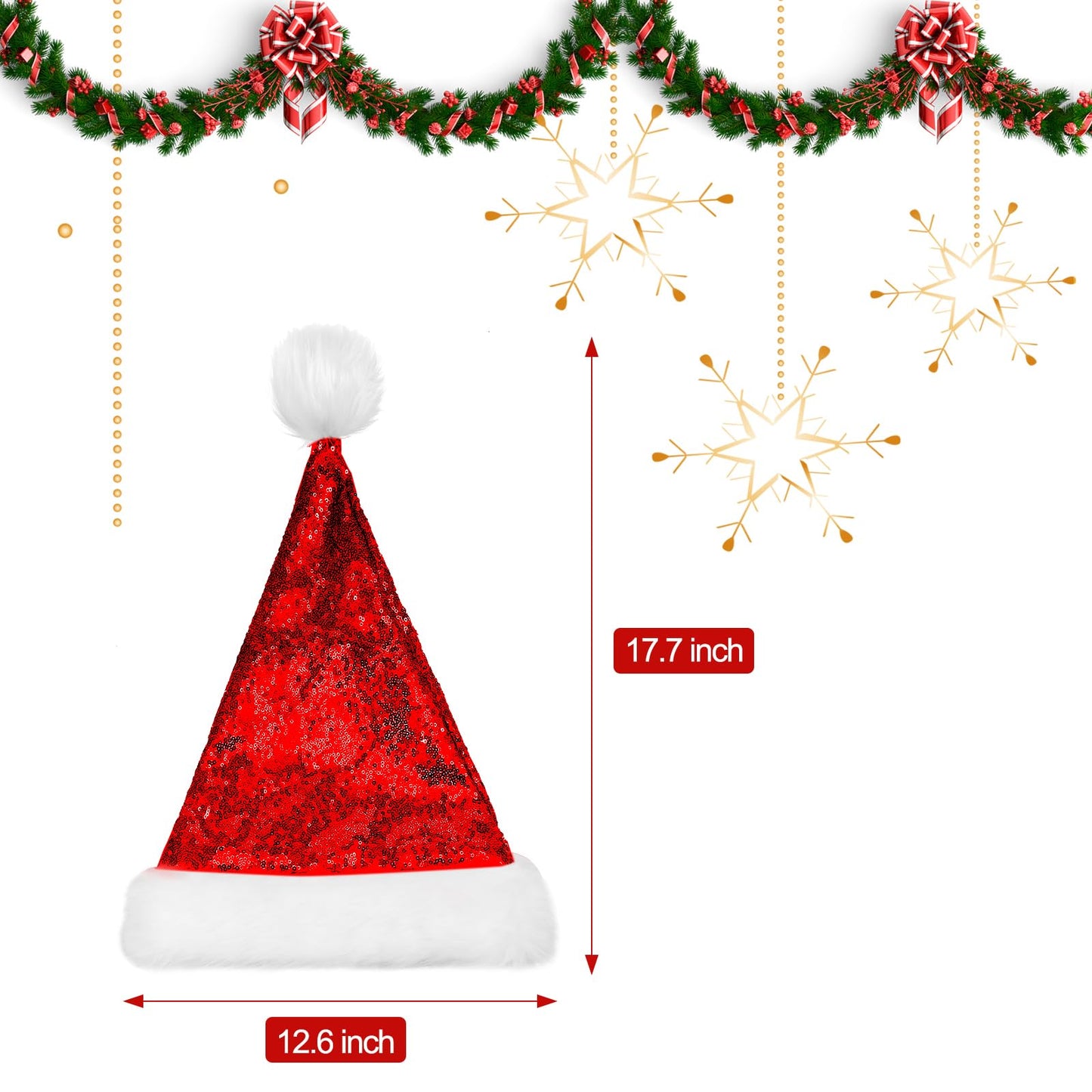 SATINIOR 2 Pcs Adult Sequin Santa Hat Unisex Christmas Hat Santa Claus Cap Xmas Cap with Lining and Plush Brim for Women Men(Red)