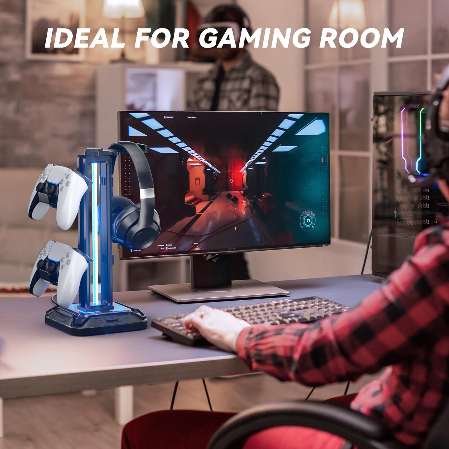 KDD RGB Headset Stand with 9 Light Modes - Controller Holder for Desk - Rotatable Headphone Stand & Detachable Controller Hook for PC Earphone Accessories(Black)
